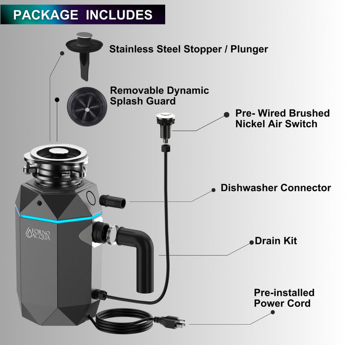 BrightDIAMOND 3/4HP Quietest Waste Disposer, LED Cabinet Light, Corded & Air Switch, Black Onxy - WDD075TA1BO Food Disposer