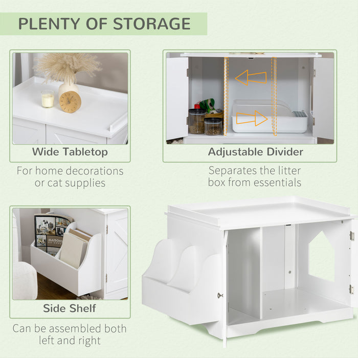 Pawhut Hidden Litter Box Enclosure Cat Furniture With Storage, Adjustable Divider, Indoor Pet House Side Table, White