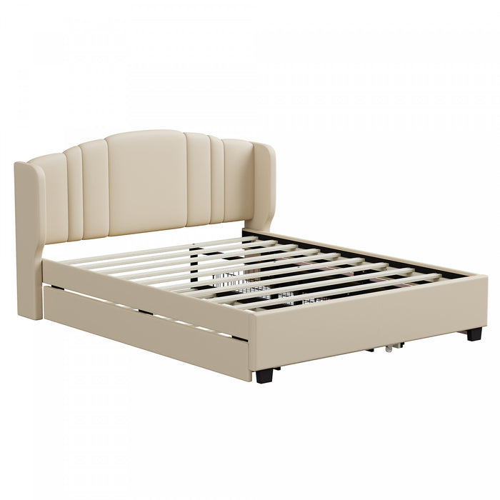 Jean Upholstered Platform Bed with Wingback Headboard and Storage Drawers,Queen Size,Beige Queen Bed