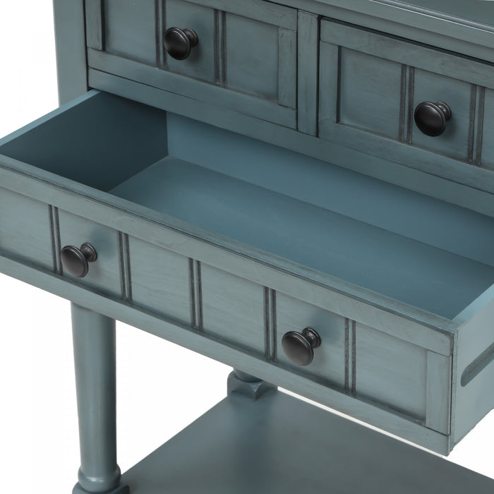 Olivia Solid Wood Console Table With Drawers And Bottom Shelf - Blue