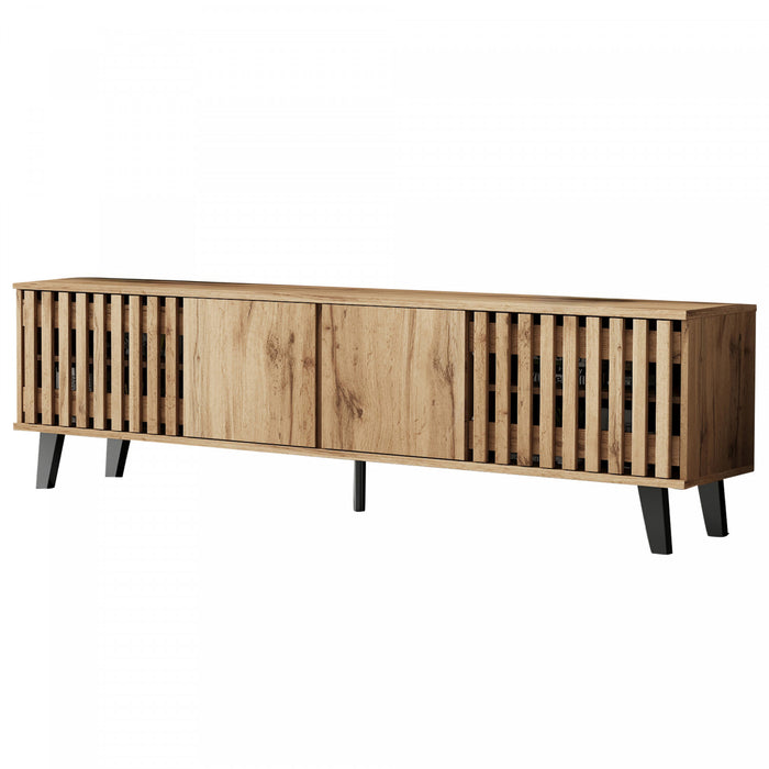 Zara 65 Inch Mid-Century TV Stand with Fluted Doors and Adjustable Shelves, Natural