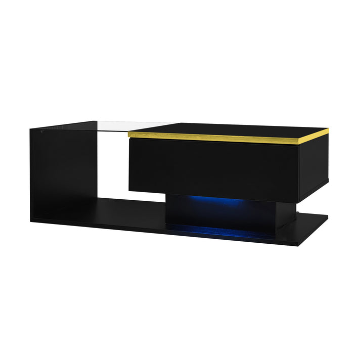 Ethan High-Gloss 35.4\" Long Coffee Table with Glass and LED Effect,Black