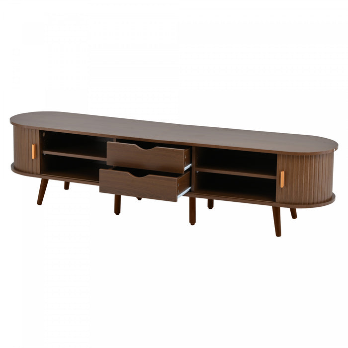 Ethan Oval TV Stand Media Console with Sliding Doors and Drawers,Dark Oak