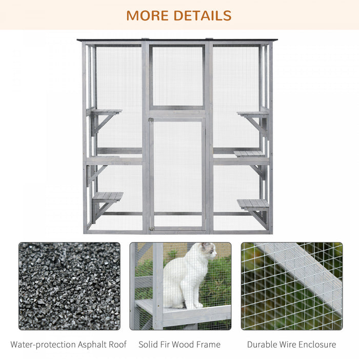 Pawhut Large Outdoor Catio Enclosure, Weatherproof Cat House With Asphalt Roof, Wooden Cat Patio Cage With 6 Balanced Platforms, 71\" X 39\" X 71\", Grey
