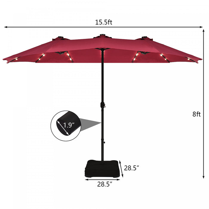 Costway 15Ft Patio Double-Sided Solar LED Market Umbrella Crank Base Burgundy