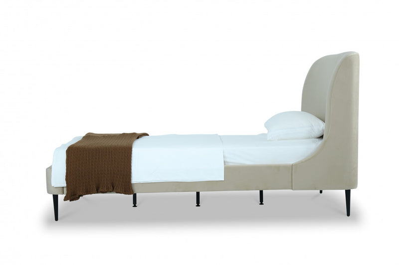Heather Mid-Century Modern Velvet Upholstered Twin Bed in Cream and Black