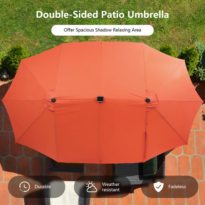 Costway 15FT Twin Patio Double-Sided Umbrella 48 Solar LED Lights Crank Outdoor Orange