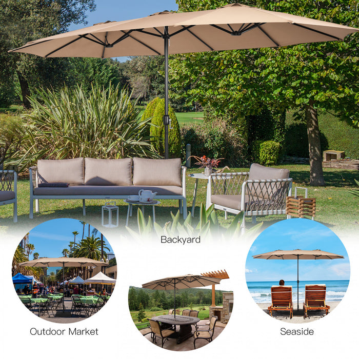 Costway 15FT Double-Sided Twin Patio Umbrella Outdoor Market with Crank & Base Brown