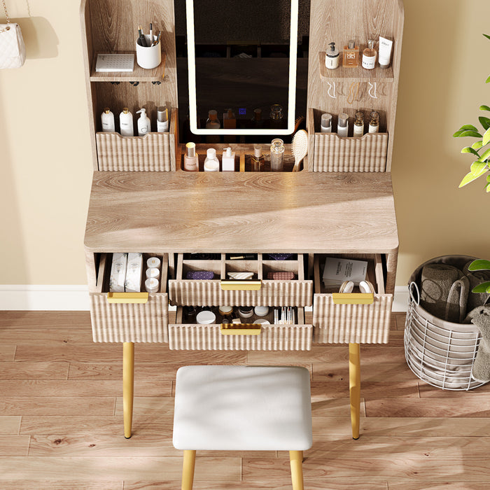 Isabella 4-Drawer Vanity Table Set with LED Mirror and Metal Legs,Yellow Brown Mirror Cabinet