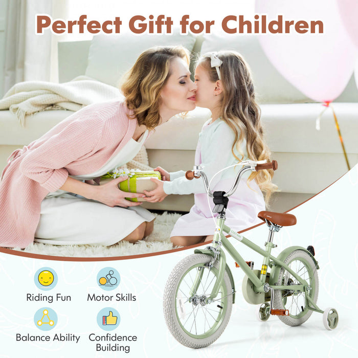 Costway 16\" Kids Bike With Adjustable Saddle Handlebar Removable Training Wheels Handbrake Green