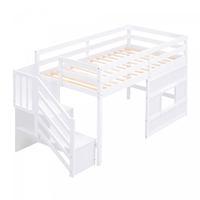 Martin Twin Solid Wood Loft Bed With Storage Stairs, Play Window, Led Light, White