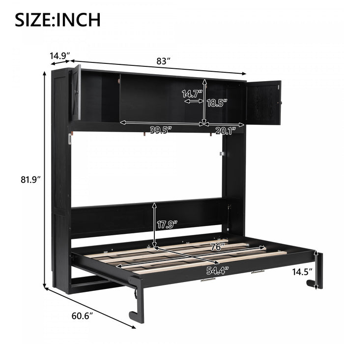 Ethan Solid Wood Murphy Bed with Storage Cabinets,Full Size,Black Full Bed
