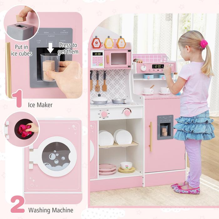 Honeyjoy Kids Kitchen Set Wooden Kitchen Playset With Clock, Microwave, Sink, Dish Rack Pink