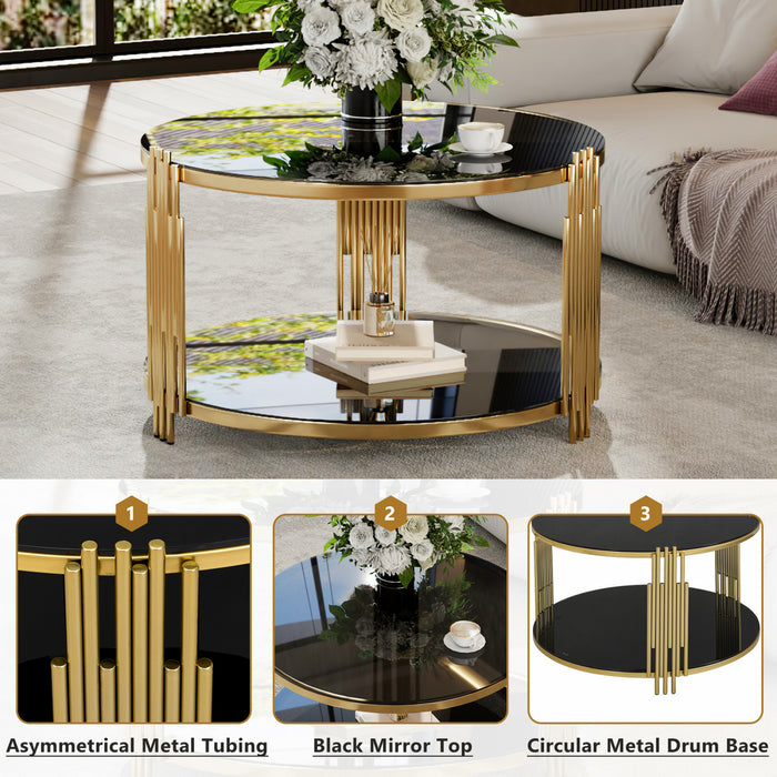 Nancy 31.5\" Round Mirror Coffee Table With Lower Shelf, Black