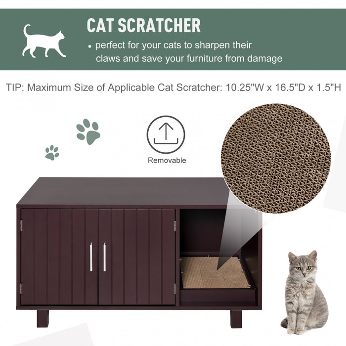 Pawhut Wooden Cat Washroom Pet Litter Box Enclosure Kitten House Nightstand End Table With Scratcher Magnetic Doors Brown