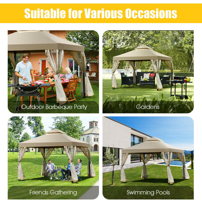Costway 2-tier 10'x10' Gazebo Canopy Shelter Awning Tent Patio Garden Screw-free Structure Brown