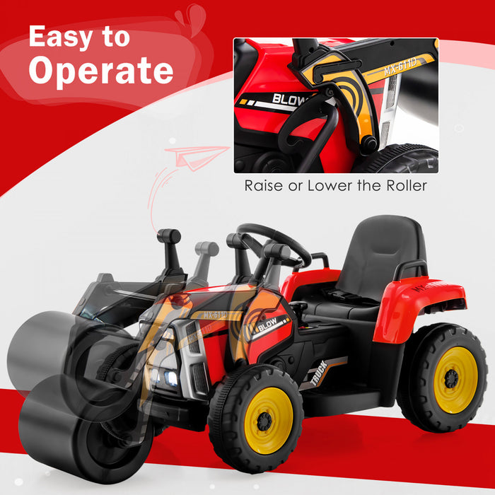 Costway Kids Ride On Road Roller 12v Electric Tractor Remote W/ Music & Led Light Red
