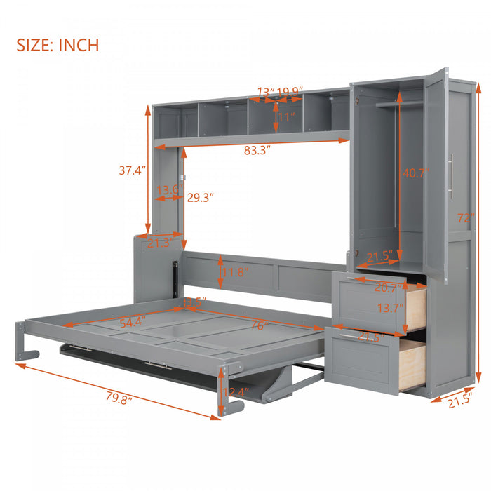 Dennis Engineered Wood Full Murphy Bed With Shelves And Drawers, Grey