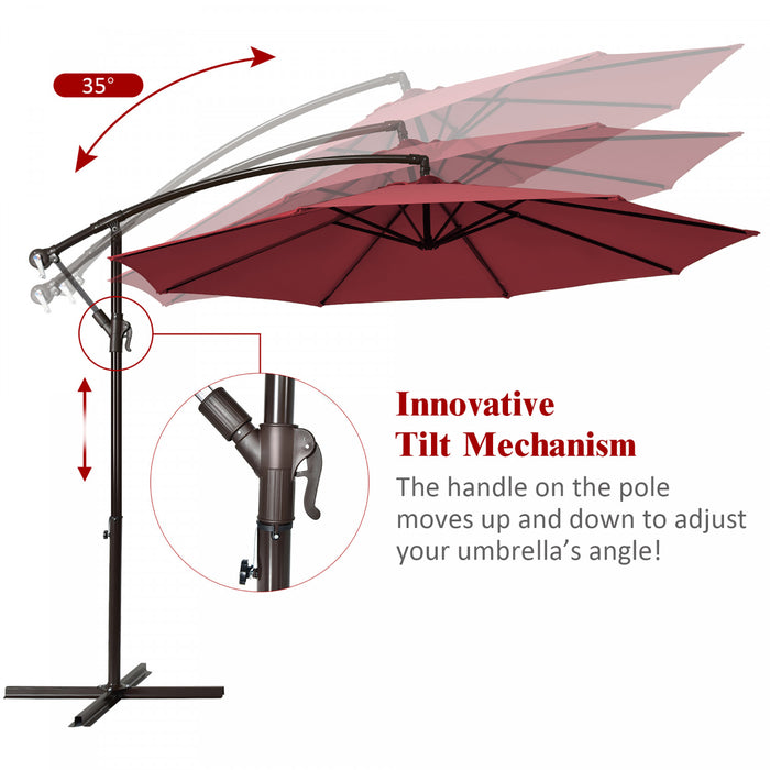 Costway 10FT Patio Offset Hanging Umbrella Easy Tilt Adjustment 8 Ribs Backyard Burgundy