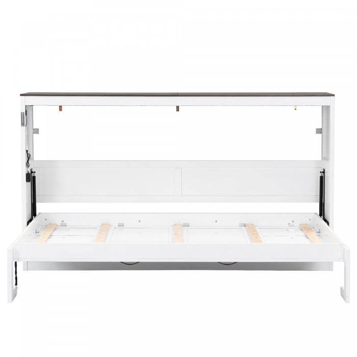 Olivia Solid Wood Murphy Bed with LED Light and Foldable Cabinet,Twin Size,White Twin Bed