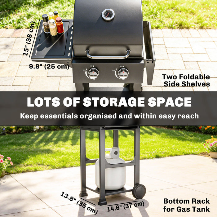 Outsunny 2 Burner Propane Gas Grill, 18,400 BTU Portable Natural Gas BBQ with Foldable Side Shelves, Wheels, Bottom Storage, Built-in Thermometer, Warming Rack, Black