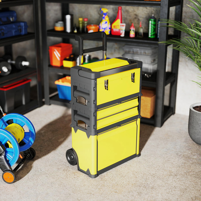 Homcom 3-in-1 Tool Box Storage System, Stackable Steel Toolbox, Yellow
