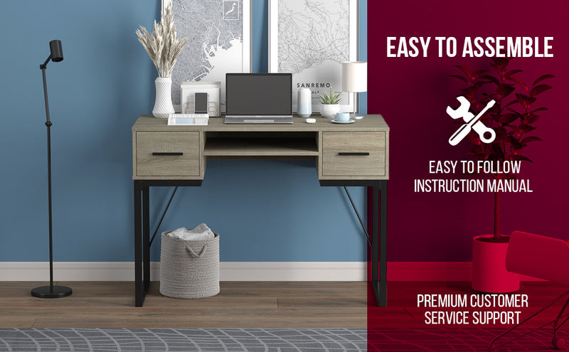 Computer Desk Study Desk For Home Office, Gaming Room 42.5l Dark Taupe 2 Drawers 1 Shelf Black Metal Base
