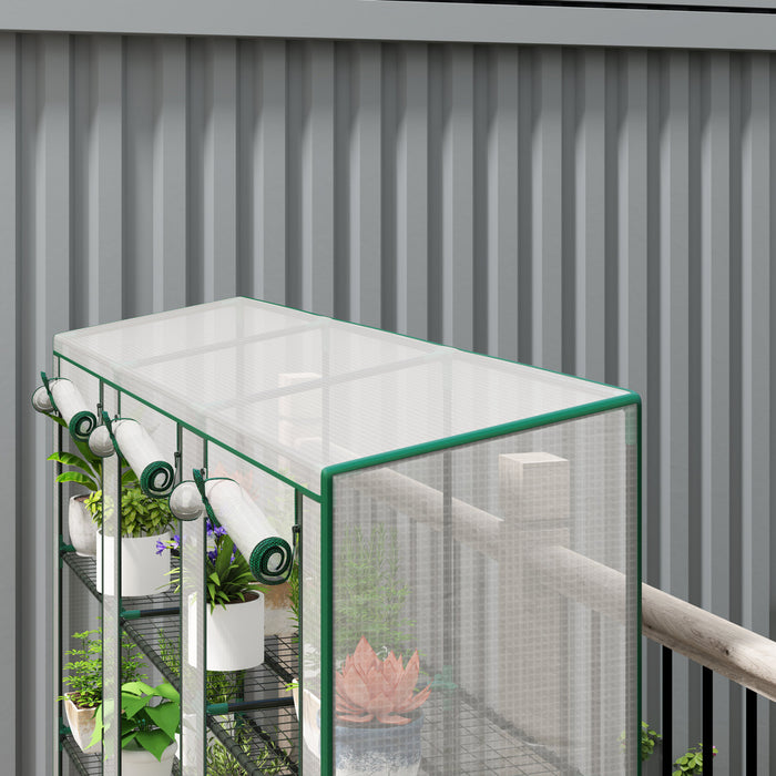 Outsunny Lean-to Mini Greenhouse W/ 3 Tier Shelves, 3 Roll-up Doors, White