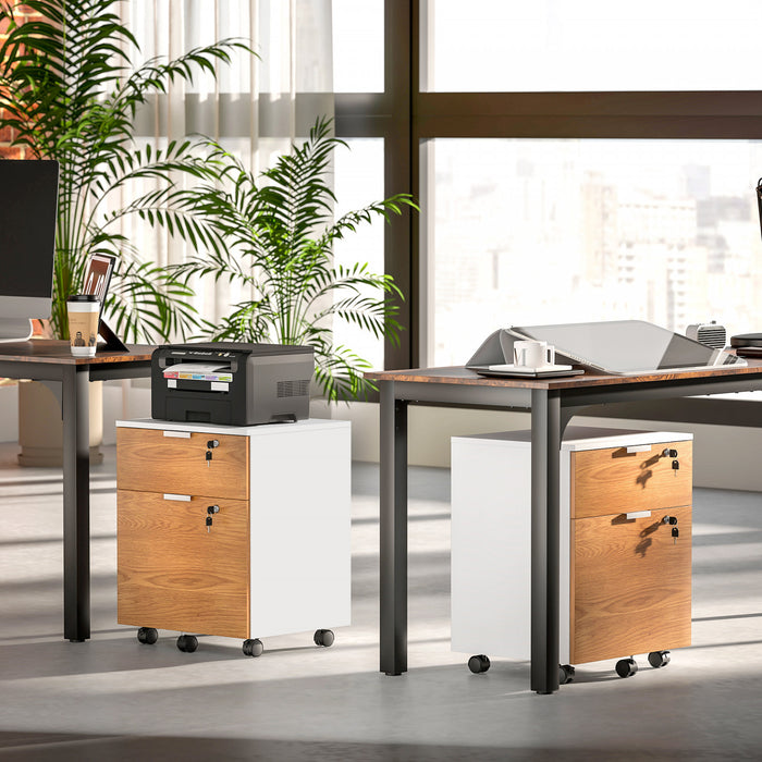 HOMCOM 2 Drawer File Cabinet with Lock Wheels Hanging Bars Nature Wood
