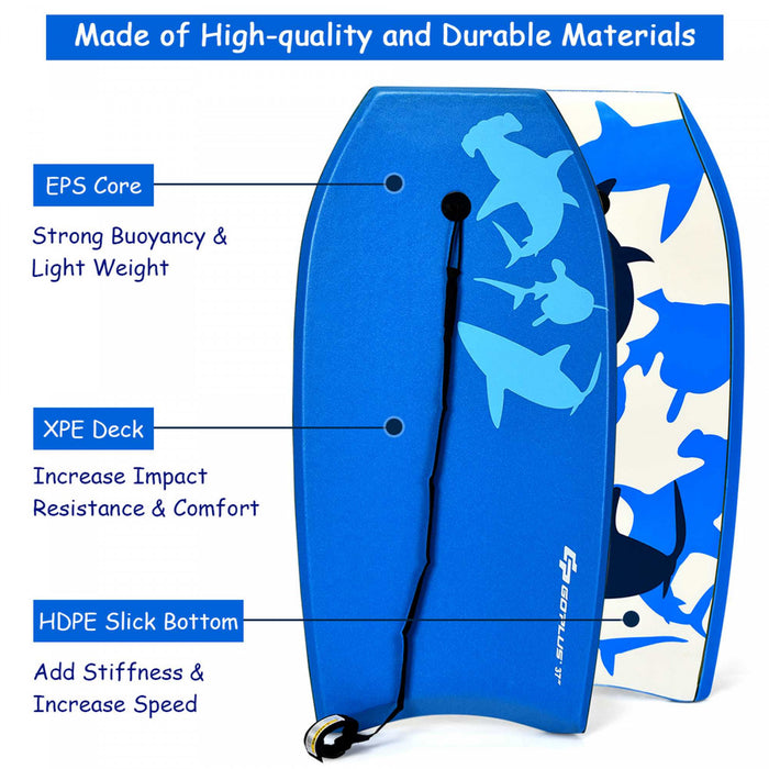Goplus 37'' Lightweight Super Bodyboard Surfing W/leash Eps Core Boarding Blue Shark