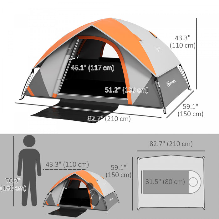 Outsunny 2 Man Camping Tent, 3000mm Waterproof Family Tent, Grey and Orange