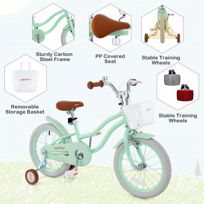 Prorider 16\" Kids Bike Toddler Adjustable Bicycle With Training Wheel For 4-7 Years Old Girl Green