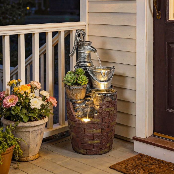 Outsunny Outdoor Fountain with 4-Tier Jugs, Garden Fountain with LED Lights