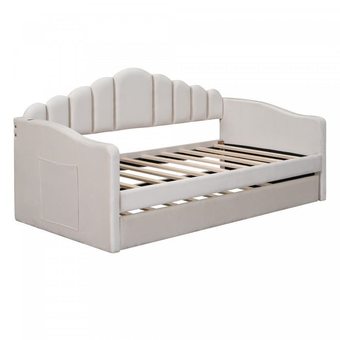 Lily Upholstered Daybed with Trundle and USB Charging Ports,Twin Size,Beige Twin Bed