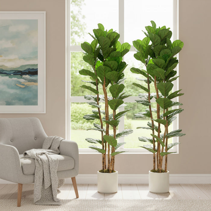 HOMCOM Faux Fiddle Leaf Fig Tree Set of 2, 6FT Faux Tree for Indoor Decor