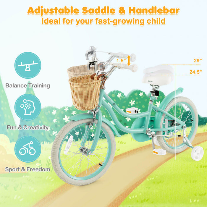 Costway 18\" Kid's Bike With Training Wheels Adjustable Handlebar Seat Handbrake Green