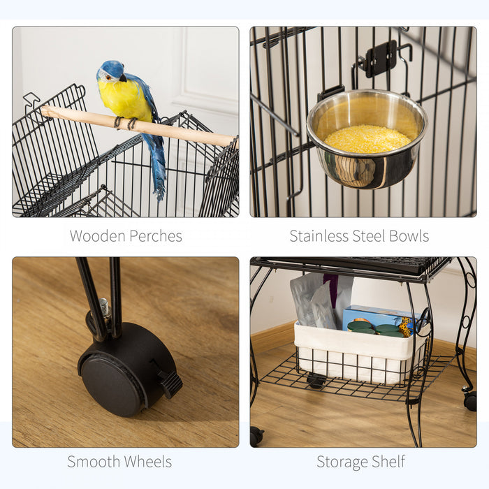 Pawhut Bird Cage 57 Inch Flight Cage For Cockatiel, Conure With Rolling Stand, Pull Out Tray, Storage Shelf, Open Top, 0.75\" Bar Spacing