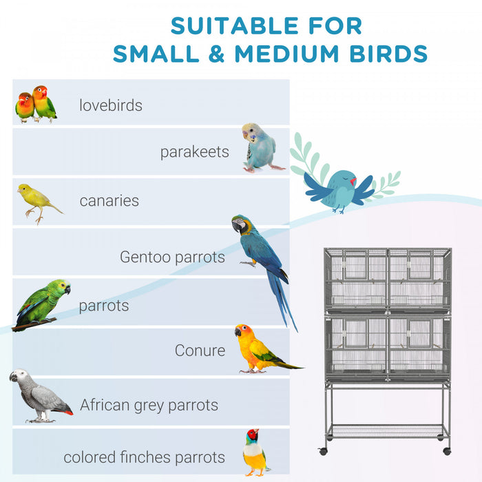 Pawhut 61 Inch Large Double Rolling Metal Bird Cage Bird House With Removable Metal Tray, Storage Shelf, Wood Perch, Food Container