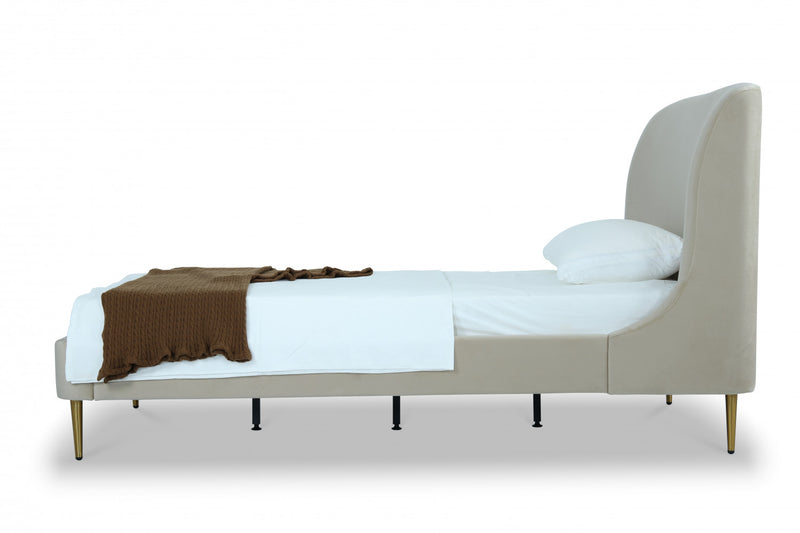 Heather Mid-Century Modern Velvet Upholstered Twin Bed in Cream and Gold