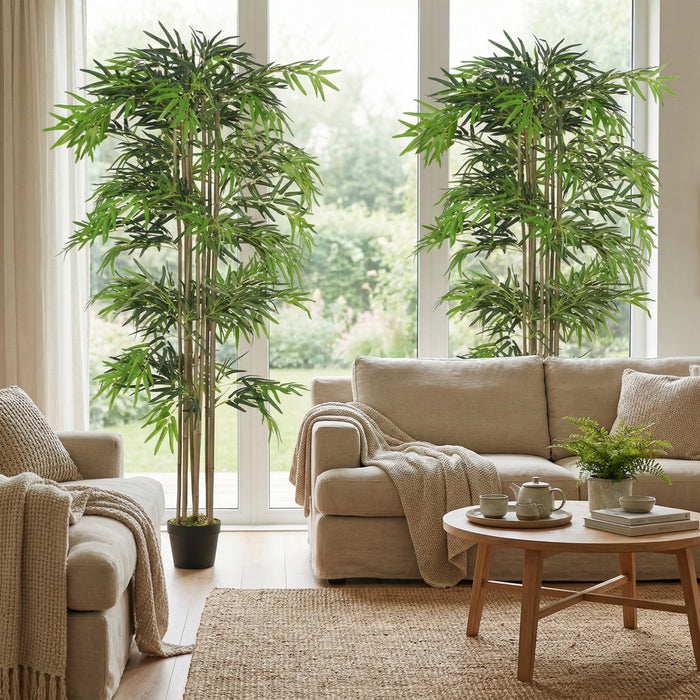 Outsunny 6FT Artificial Bamboo Tree Set of 2 in Pot with 1530 Leaves, Green