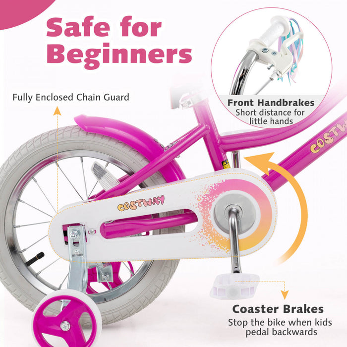 Costway 14\" Kids Bike With Training Wheels Doll Seat Basket Streamers Hand Brake Pink
