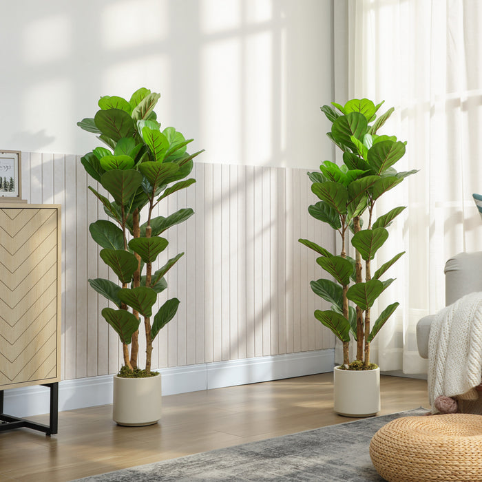 HOMCOM Faux Fiddle Leaf Fig Tree Set of 2, 4FT Fake Tree for Indoor Decor