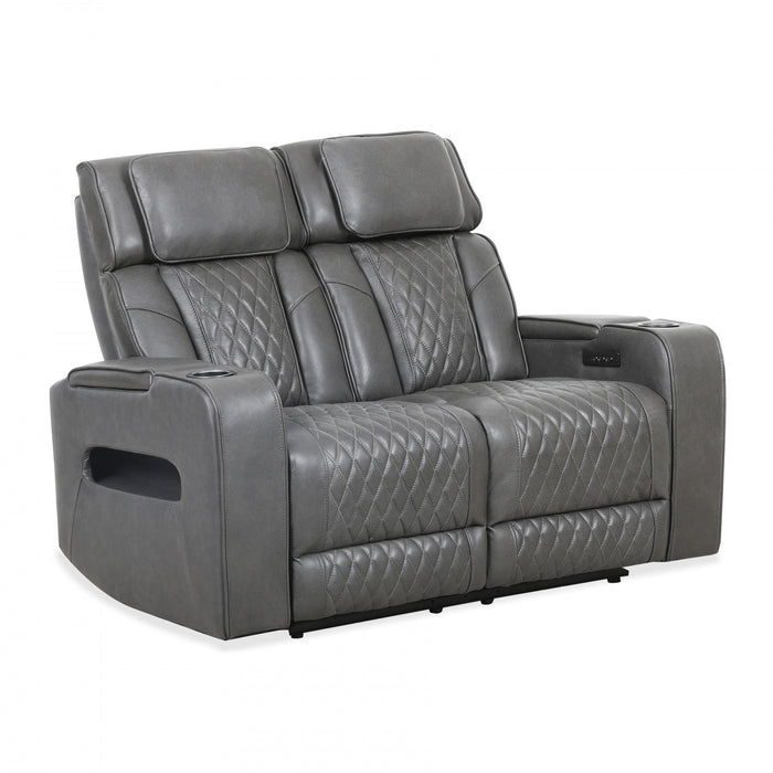 Kingsley 58 in. Leather Match Power Reclining Loveseat with Armrest Storage and USB - Charcoal