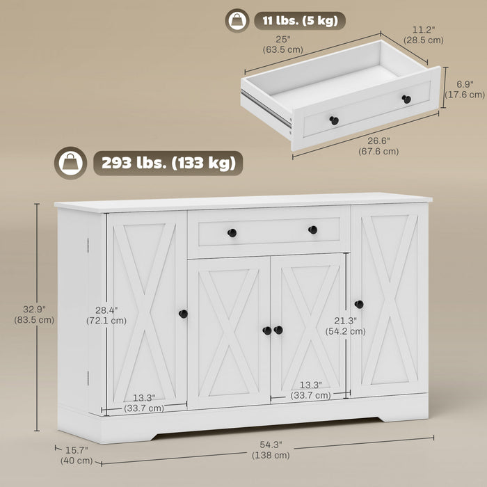HOMCOM 54\" Sideboard Buffet Cabinet, Farmhouse Kitchen Cabinet, White