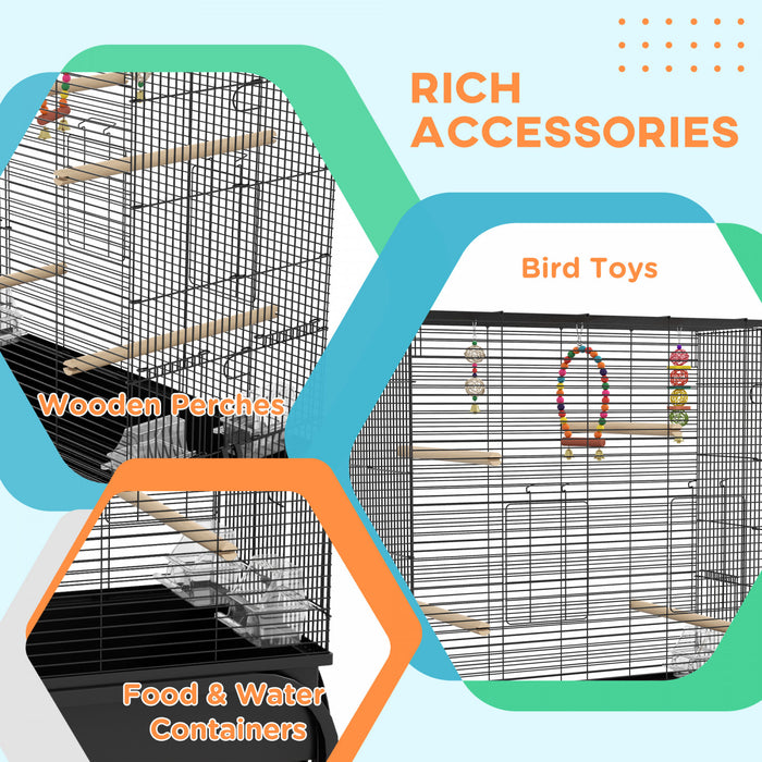 Pawhut 51\" Bird Cage For Budgies Canaries Finches Lovebirds Parakeets With Rolling Stand, Toys, Black