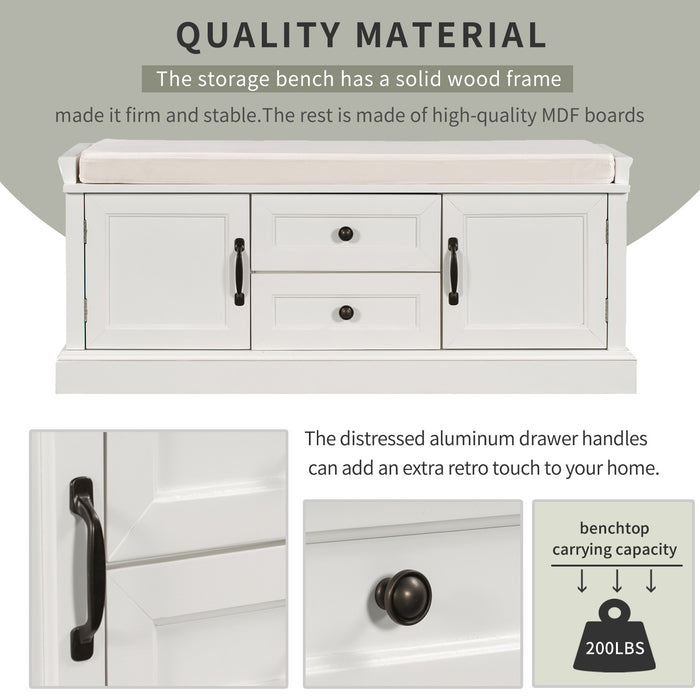 Boyce Solid Wood Storage Bench With 4-door Shoe Cabinet With Cushion - White