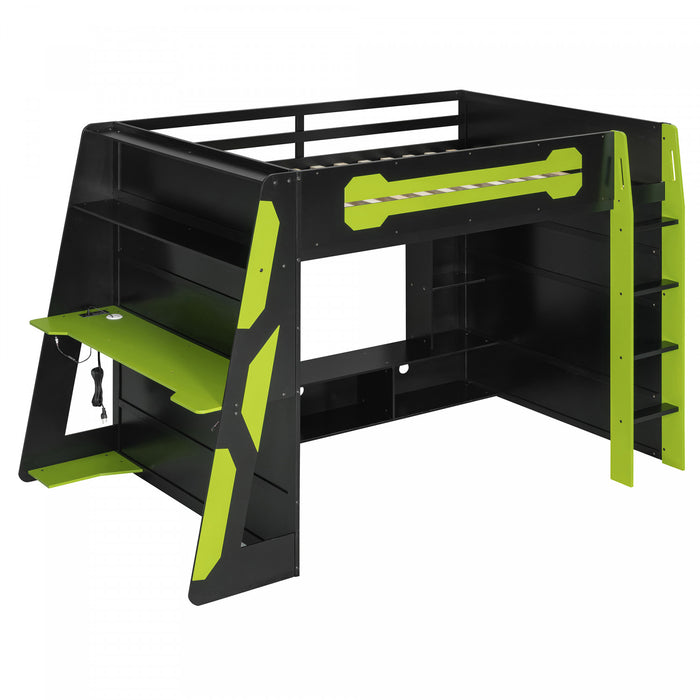 Olivia Wood Loft Bed with Desk and Multi-storage Shelves,RGB Light,Green Full Bed