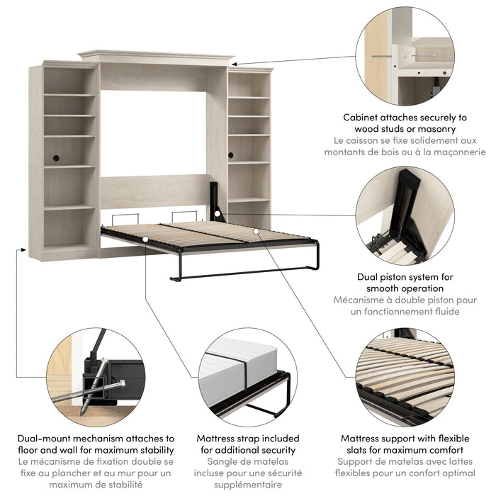 Bestar Versatile Queen Murphy Bed and Two Closet Organizers (115 W) - Linen White Oak