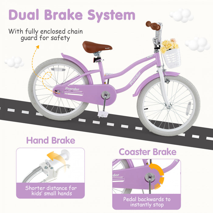 Prorider 20\" Kids Bike With Height Adjustable Handlebar & Seat Hand Brake & Coaster Brake Purple