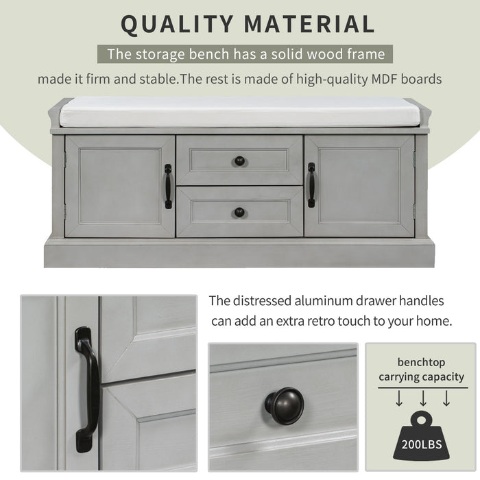 Boyce Solid Wood Storage Bench With 4-door Shoe Cabinet With Cushion -Grey 